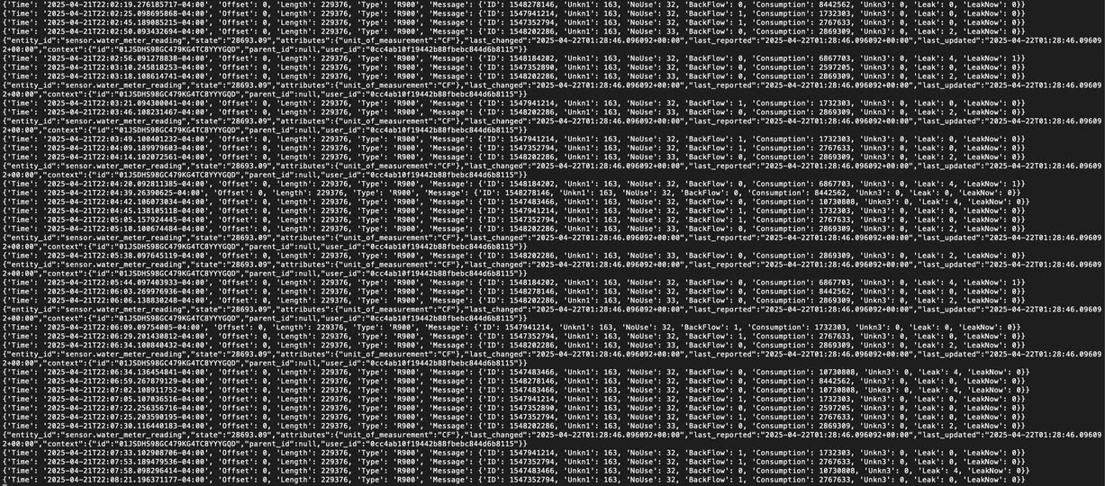 Decoded Neptune R900 messages displayed as structured data, with meter IDs and readings.