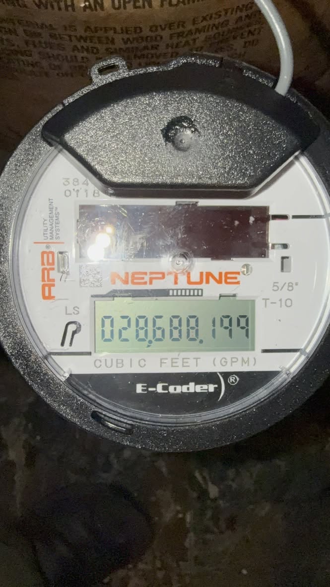 Close-up of the Neptune E-Coder meter face; the meter identifier is redacted.