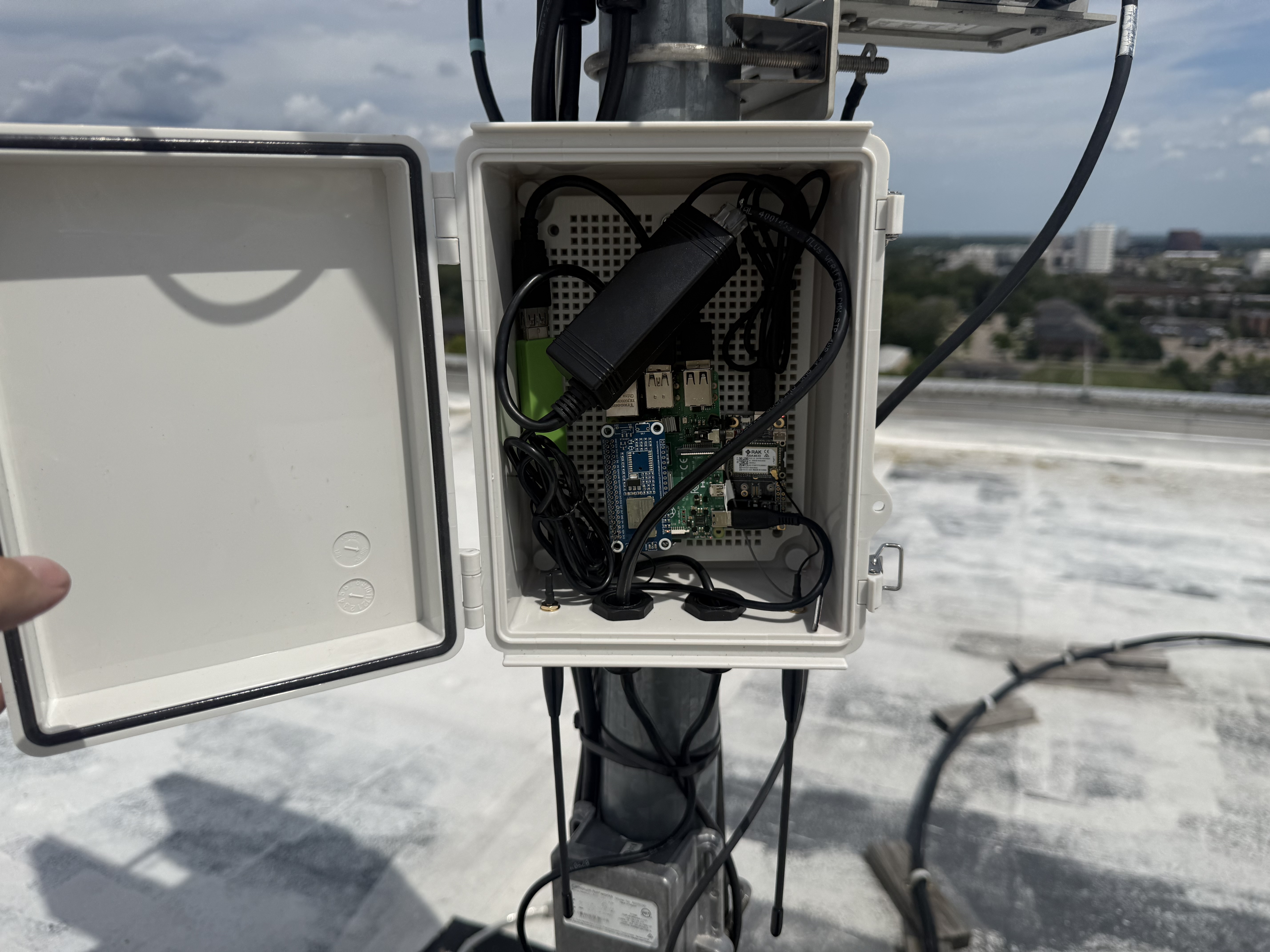 Clear Rate Office - This is a Raspberry Pi, PoE injector powered, with an ADSB reciever, SX1262 pi hat for Meshtastic, and a RAK 4630 using KISS firmware, with OpenHop as the Meshcore repeater sitting on a preconstructed tower that formerly held 5.8ghz WISP gear, on an 8th story penthouse in the middle of the metro area. The ADSB receiver sees planes as far as Sudbury, ON and Indianapolis, IN (at altitude at least)
